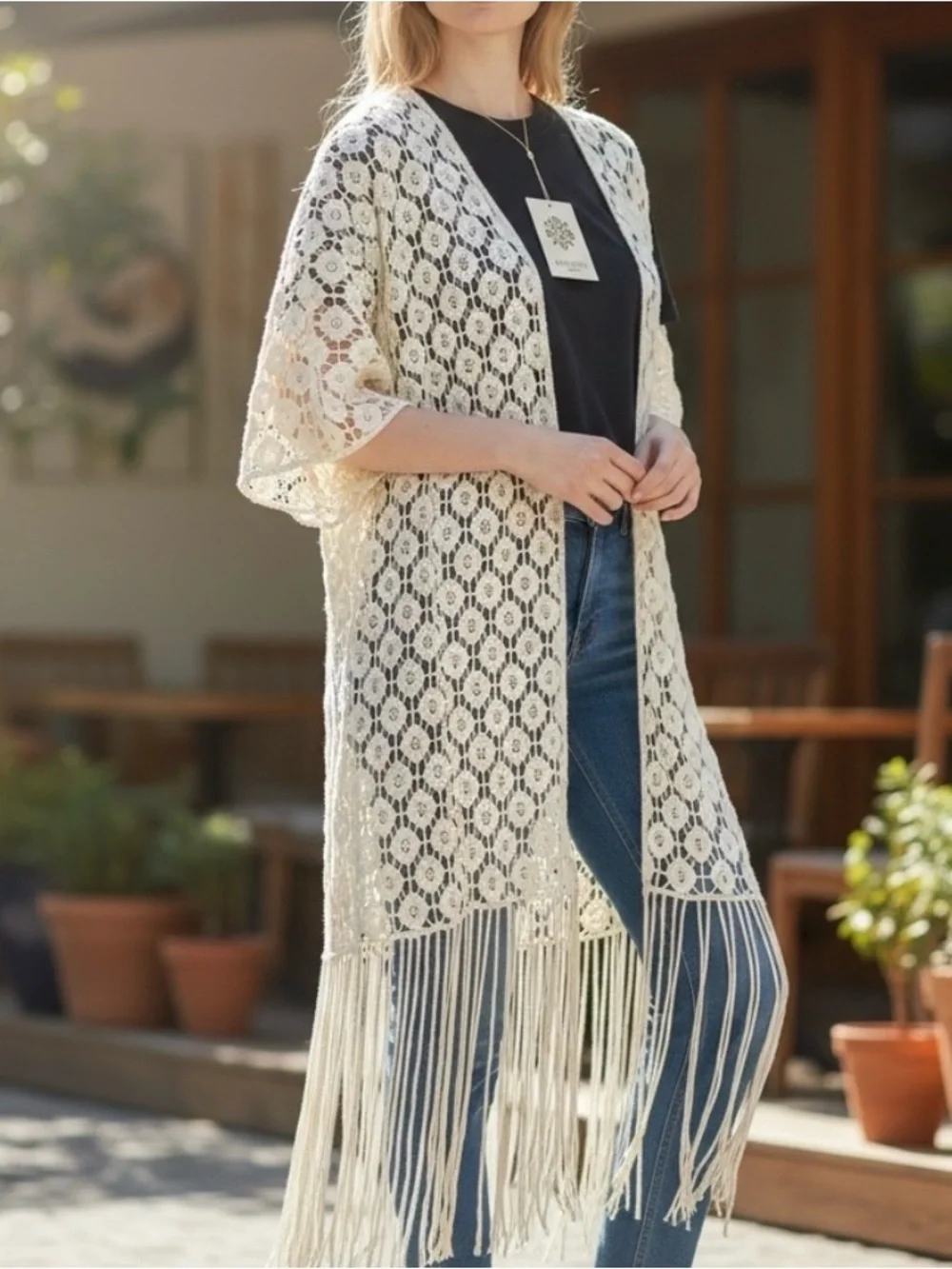 Rebellion Again 100% cotton fringe boho crochet kimono duster Small NWOT - Picture 3 of 14